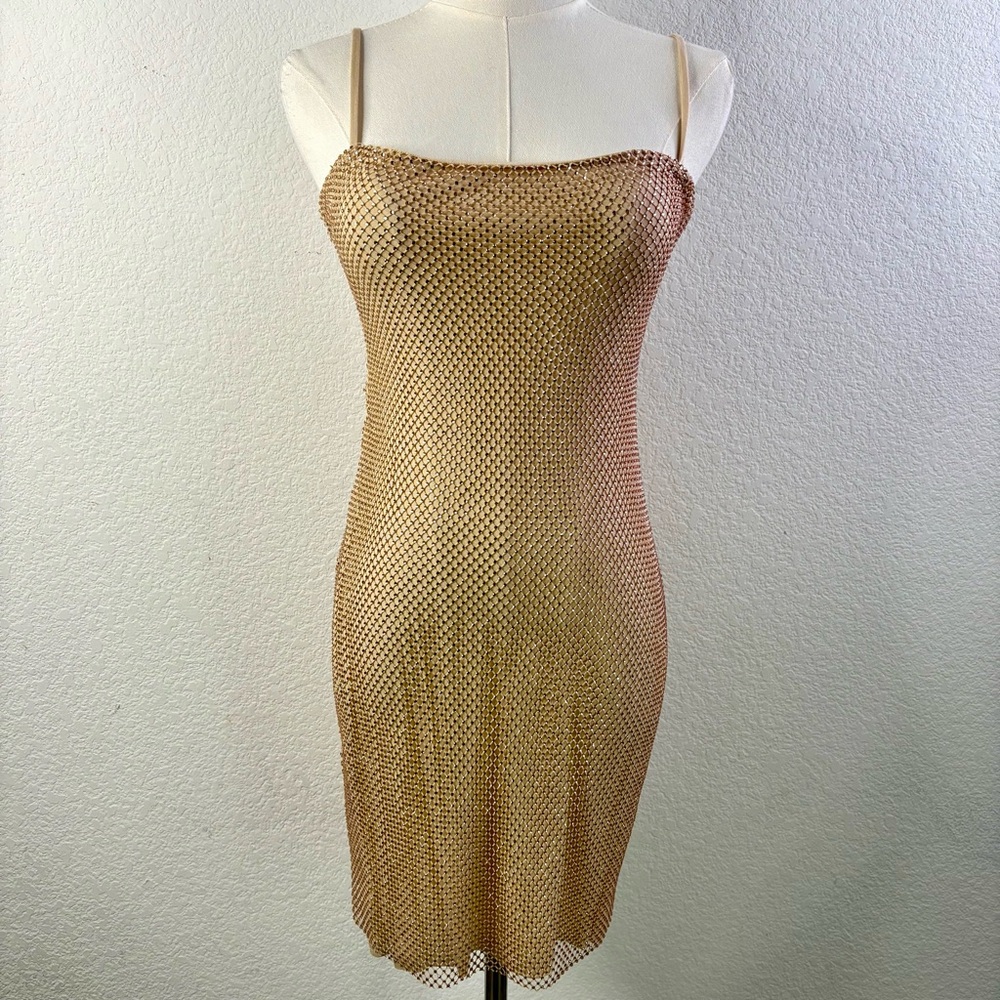 FORE Gold Metallic Mesh Slip Dress — Nude Lining, XS